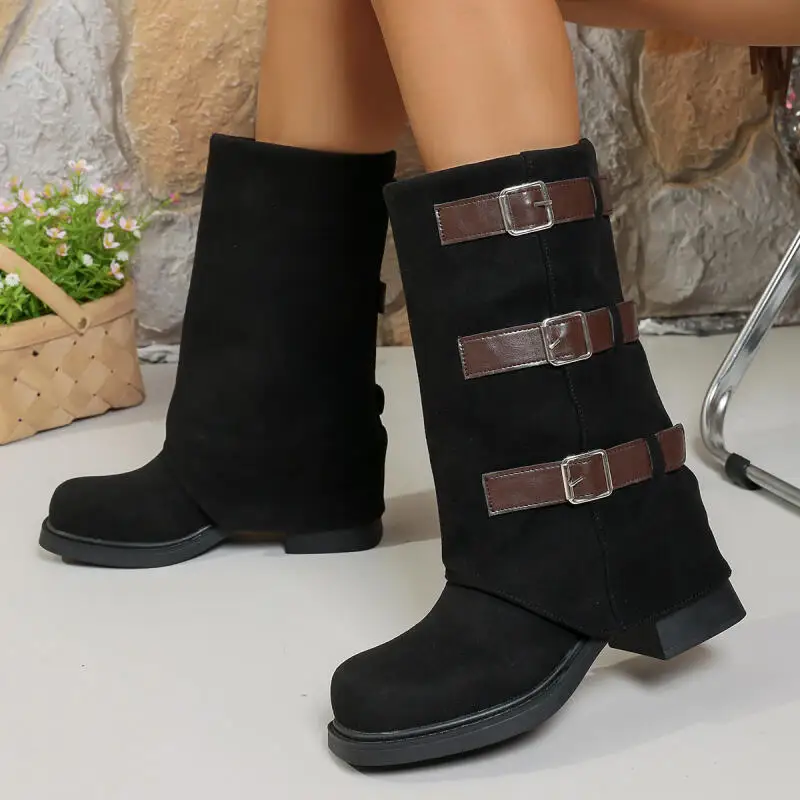 

Punk Metal Belt Buckle Suede Mid Calf Boots Women 2025 Winter Vintage Thick High Heel Long Boots Woman's Designer Botas Shoes