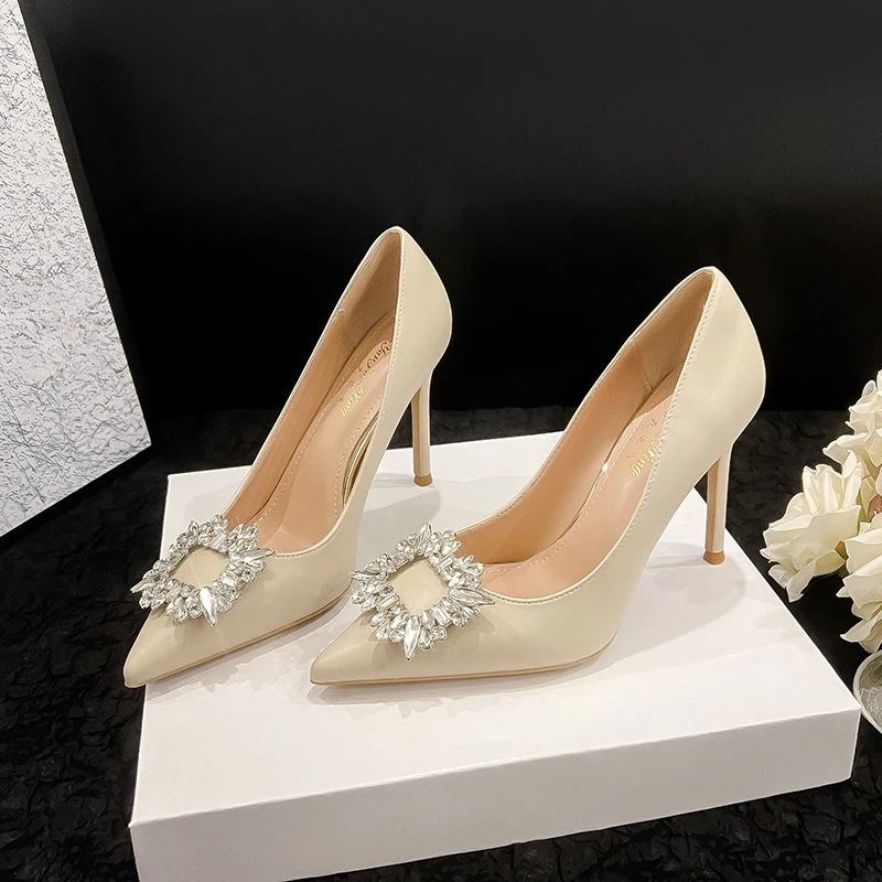 

New Square Buckle High Heel Thin Heel Shallow Mouth Rhinestone Fashion Korean Version Pointed Single Shoes Women's Shoes