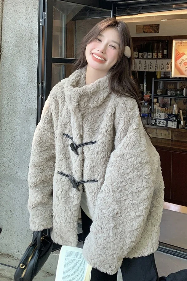 Elegant Lambswool Coat Female Winter Thick Warm Imitation Fur Coat Cold Korean Version of Loose Collar