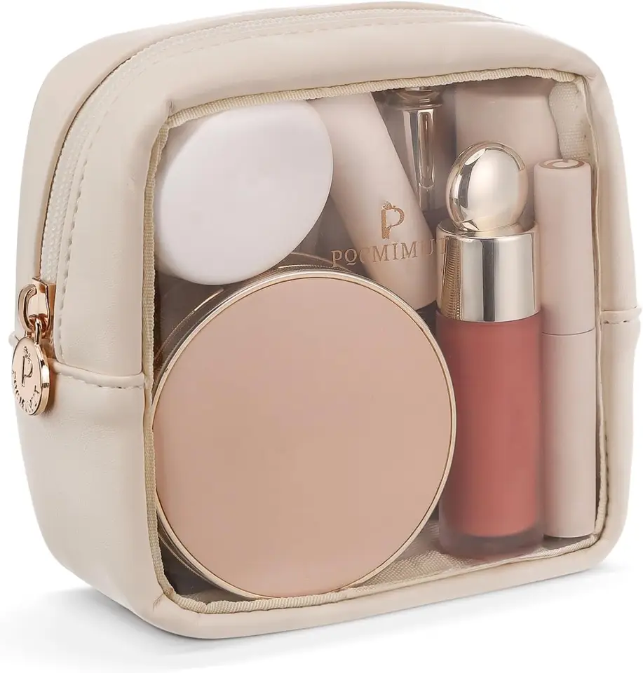 Clear Travel Makeup Bag with PU Leather Trim