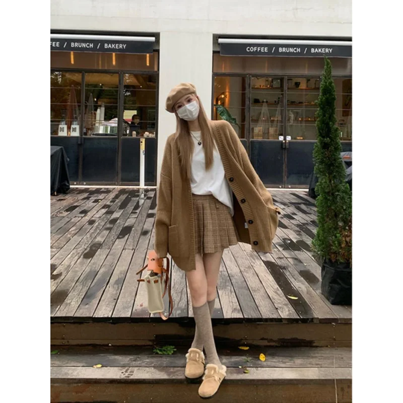 Korean Style Khaki Cardigan Jacket Women Knitted Sweater Autumn Winter New Ins Loose V-neck Long Sleeve Solid