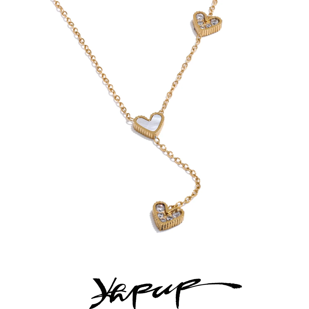 Yhpup Valentine's Day Gift Delicate Zircon Heart Pendant Sweet Necklace 18K Gold Color PVD Plated Korean Style Chic Jewelry