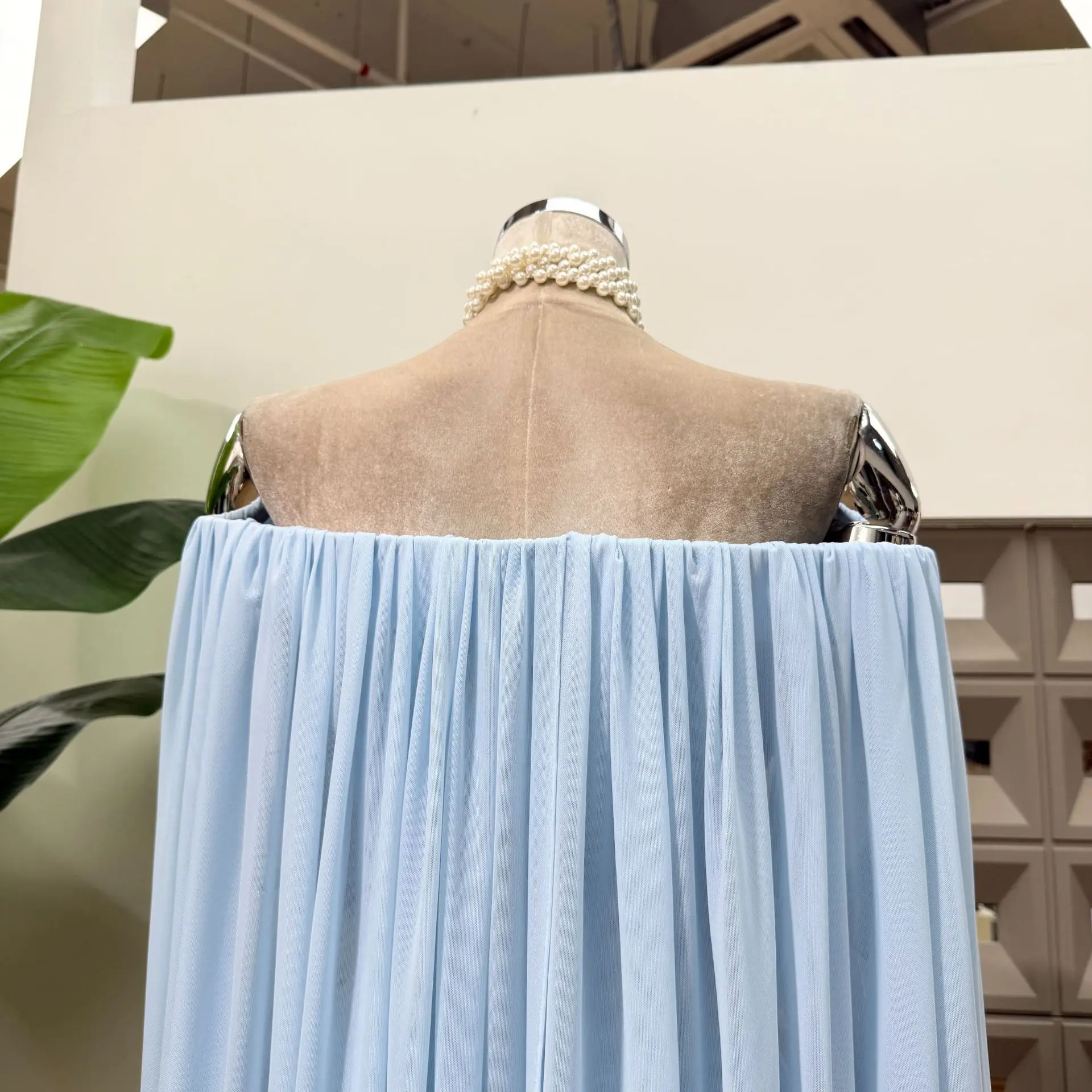 IEQJ Summer Irregular Blue Slash Neck Pleats Dress Women Long Sleeve Tight Waist Mini Dresses New 3A2052
