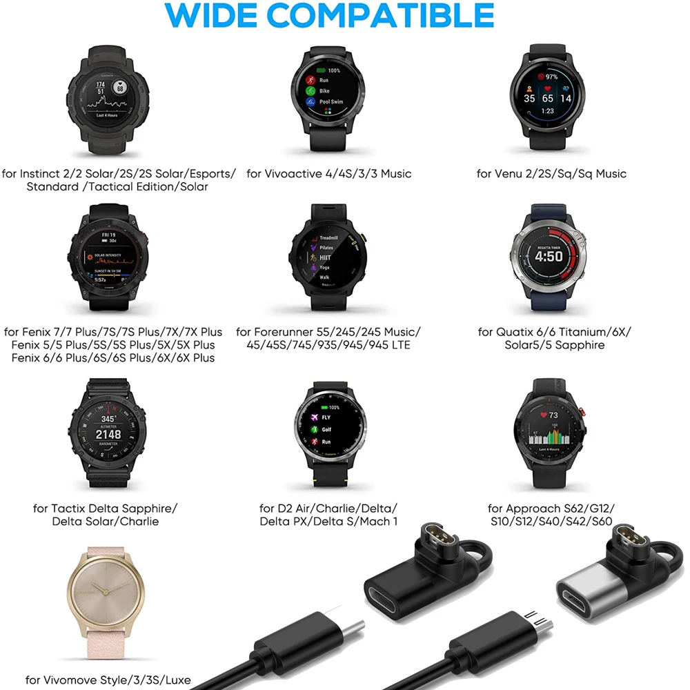 Fêmea para 4Pin relógio carregador conversor adaptador, tipo C, Micro USB, IOS, Garmin Fenix 7, 6, 5, instinto 2, Vivoactive 3, 4S, Venu 245