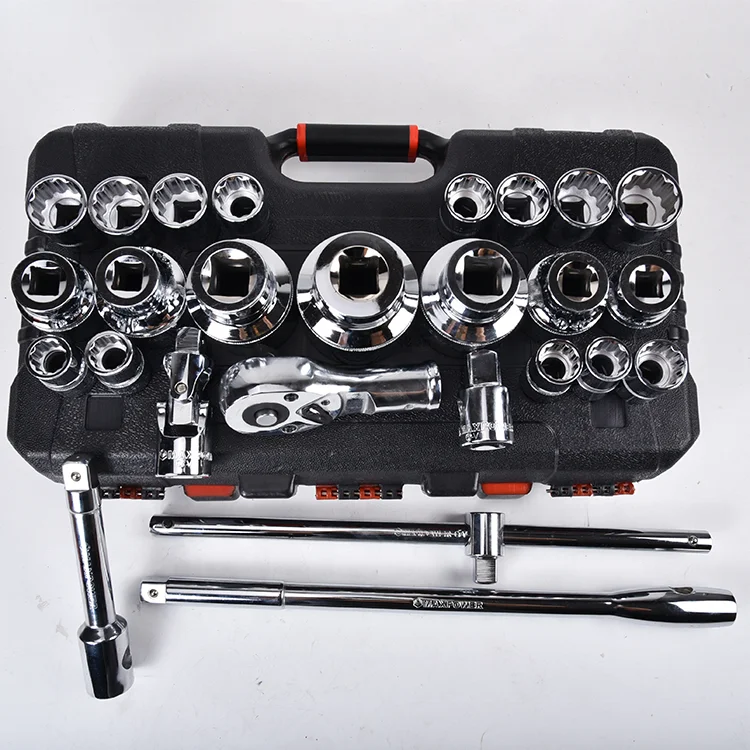 26Pcs 3/4 & 1 Inch Drive Socket Wrench Kit CR-V Chrome Vanadium Steel Large Size  Repair Hand Tools Portable Plastic Storage Box