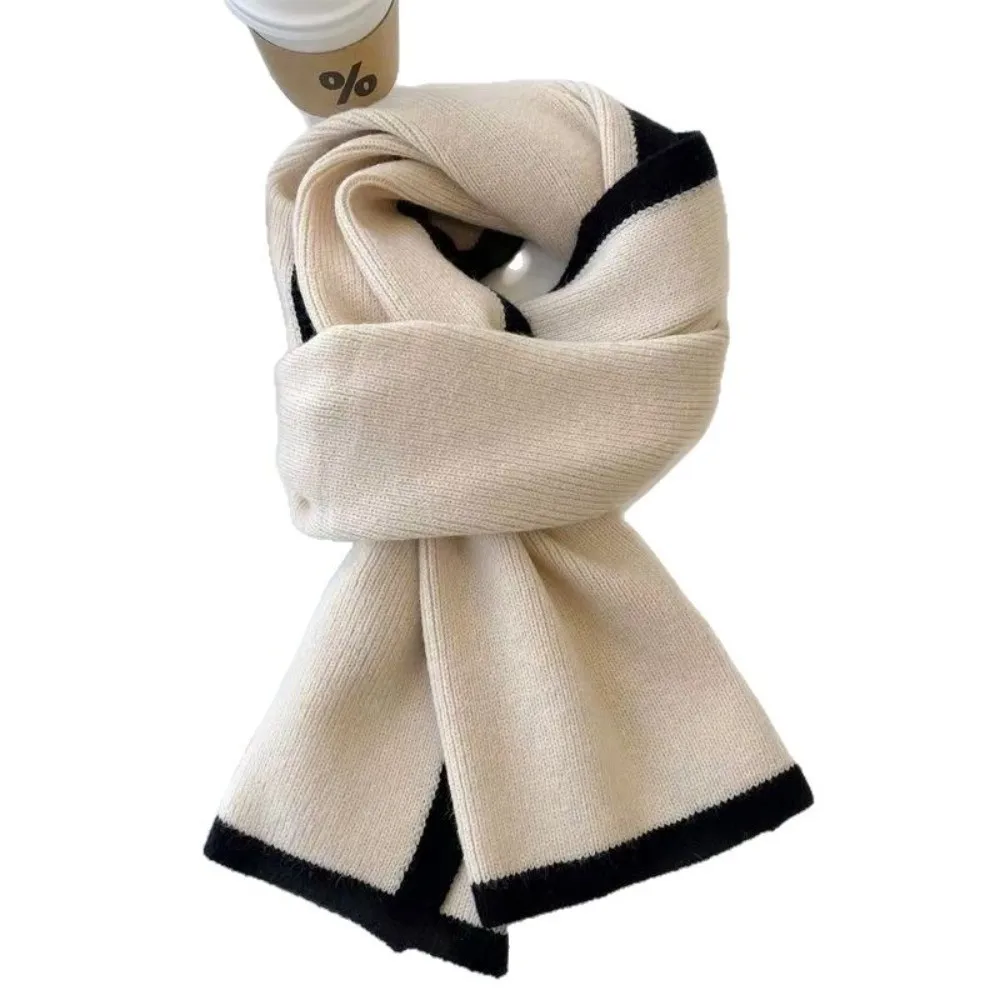 Solid Color Winter Knit Scarf Warm Soft Material Casual Style Woolen Scarf Contrast Edge Double-Sided Design Double-Sided Scarf