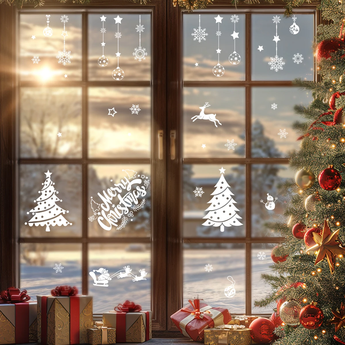 Weißer Weihnachts-Silhouette-Fensteraufkleber, abnehmbare PVC-Feiertagsdekoration für Schlafzimmer, Wohnzimmer, Kinderzimmer, Babyzimmer, Heimdekoration