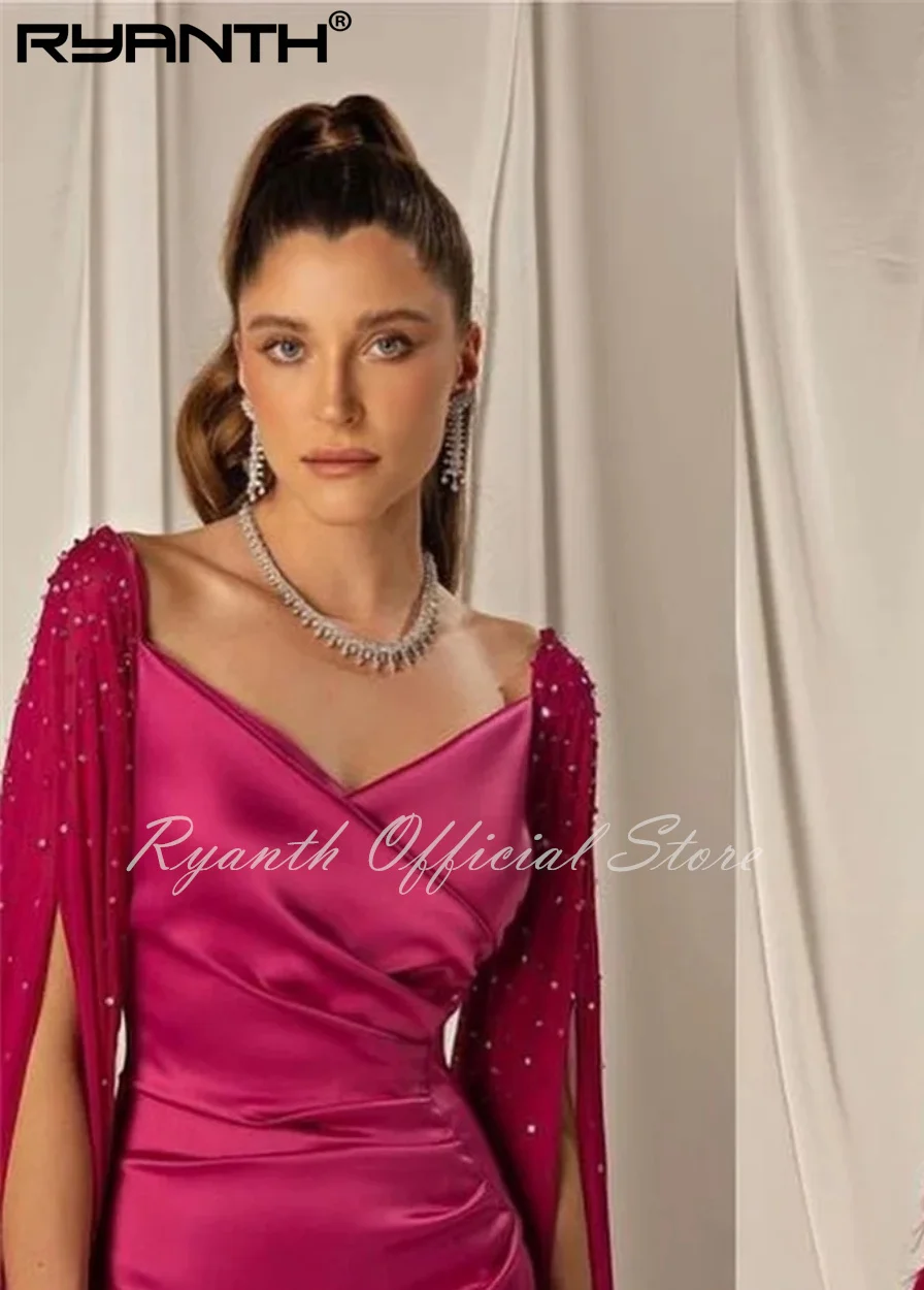 Ryanth Pink Satin Sheath Prom Gown V-neck Long Sleeved Beaded Backless Pleats Floor Length Dubai Women's Elegant Evening Dresses