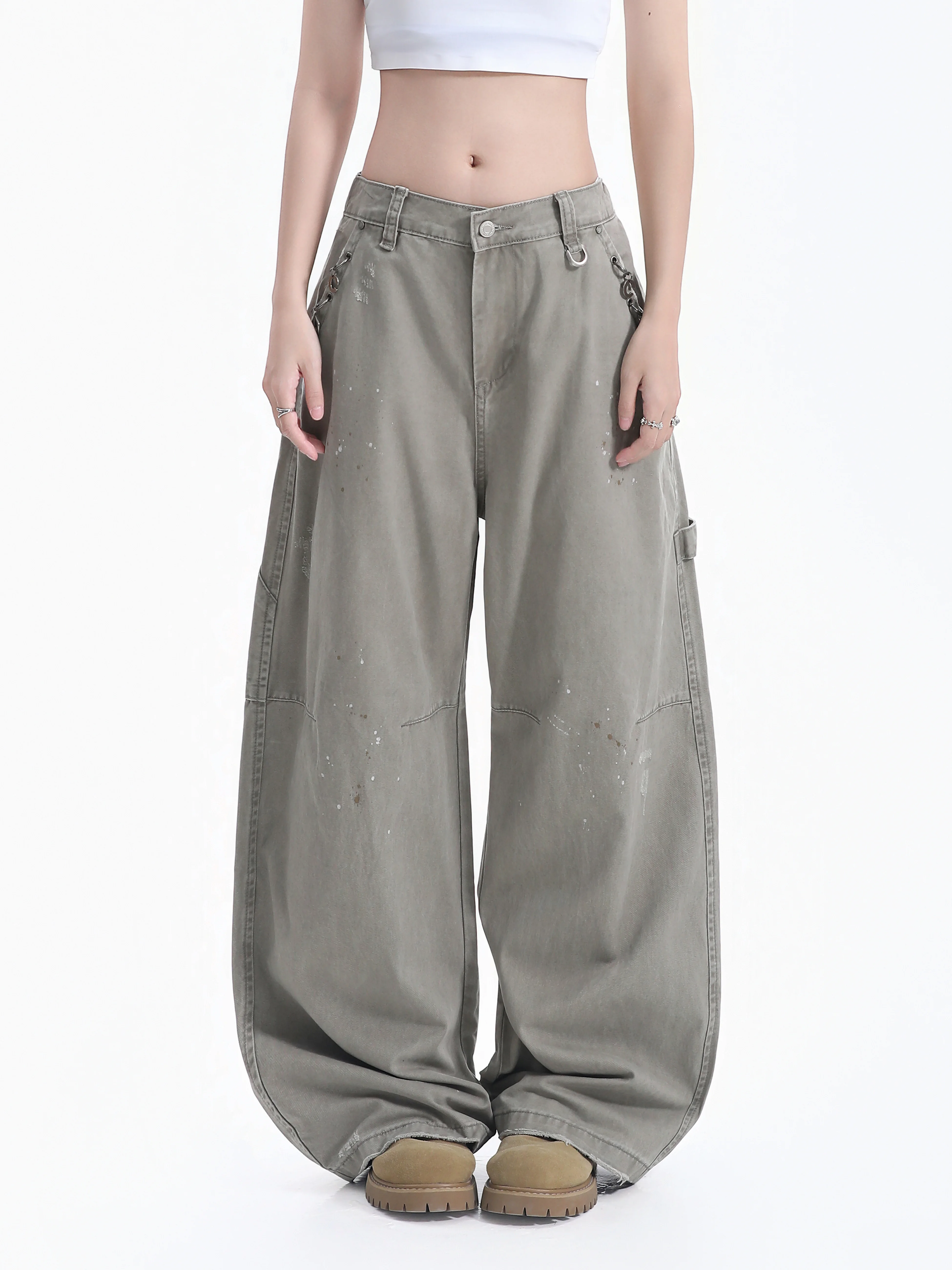 American Style Chain Work Pants Women's Keychain Splashed Ink Rustic Loose Couple Floor-Length Wide Leg Pants