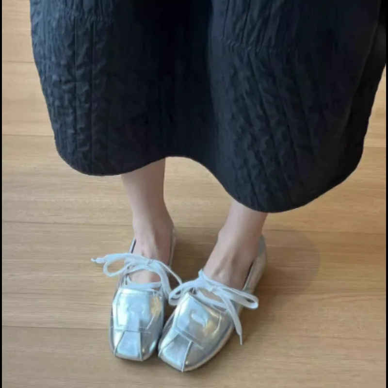 

2026 Summer New Women Color Block Lace Up Square Toe Mary Jane Shoes Soft Leather Comfortable Casual Daily Walking Flat Shoes