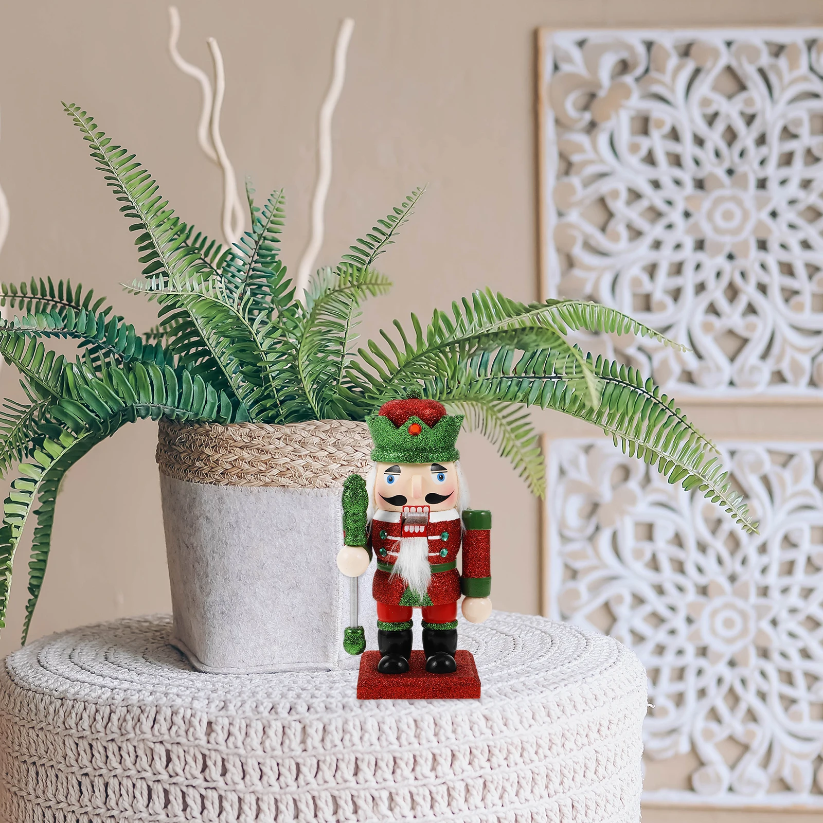 

Charming Wooden Nutcracker Soldier Christmas Decor Glitter Finish Holiday Tabletop Display Elegant Vintage-Inspired Yuletide