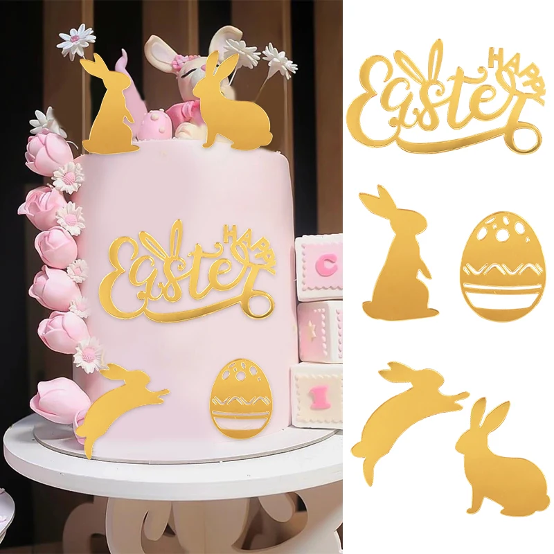 

5pcs Happy Easter Bunny Cupcake Topper Acrylic Gold Rabbit Egg Cake Toppers Easter Birthday Party Dessert Decoration