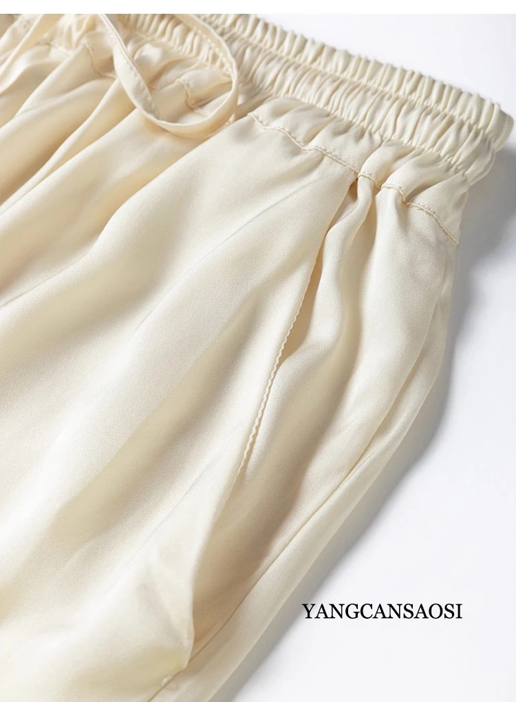 Vertical Naked Feeling 93% Natural Mulberry Silk Elastic Double Qiao Satin Elastic Waist Women's Fashionable Wide Leg Pants
