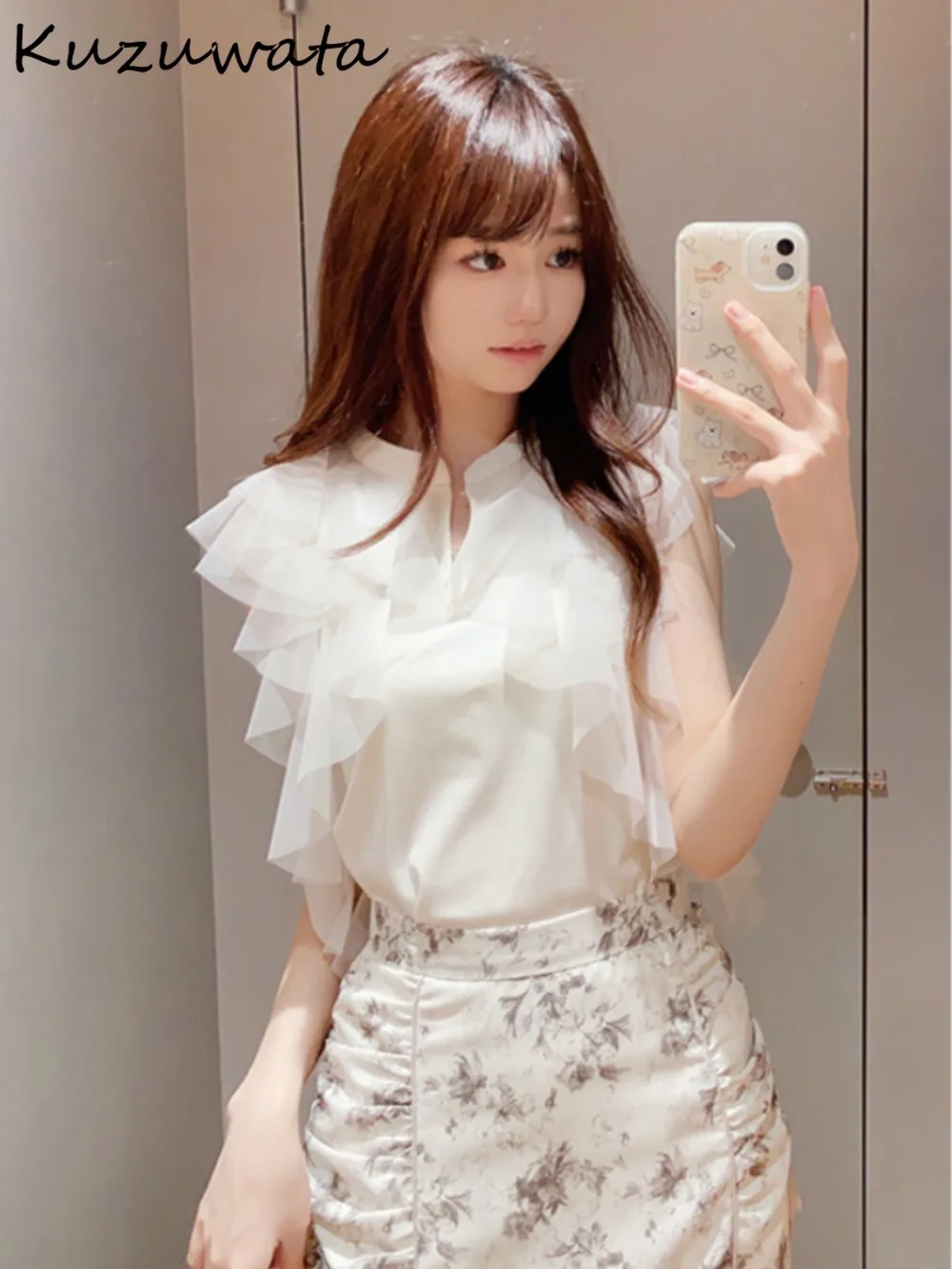 Kuzuwata Summer New Stand Collar Butterfly Sleeve Ropa Mujer All-match Sweet Elegant Ruffles Shirt Japan Fresh Voile Chiffon Top