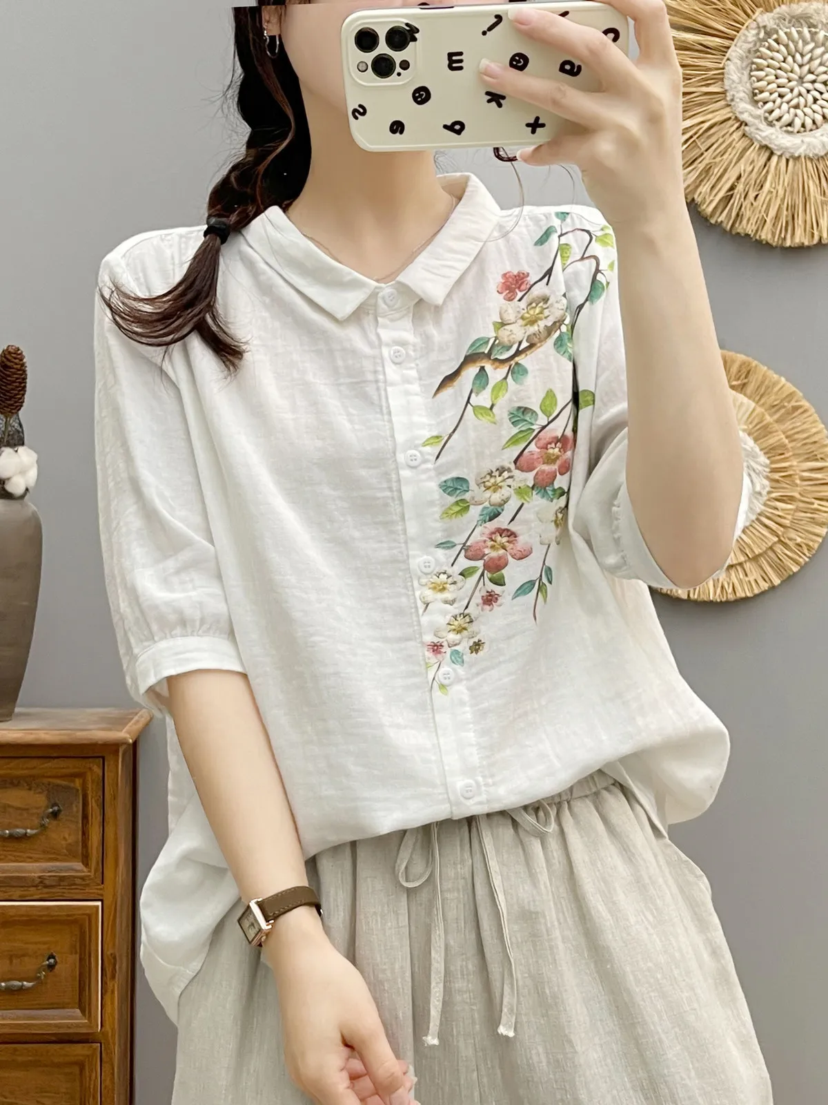 New Summer Cotton Yarn Half Sleeve Shirts Lapel Embroidery Tops Commute Girl Casual Sweet Loose OL Blouse 2024 Autumn T465100QC