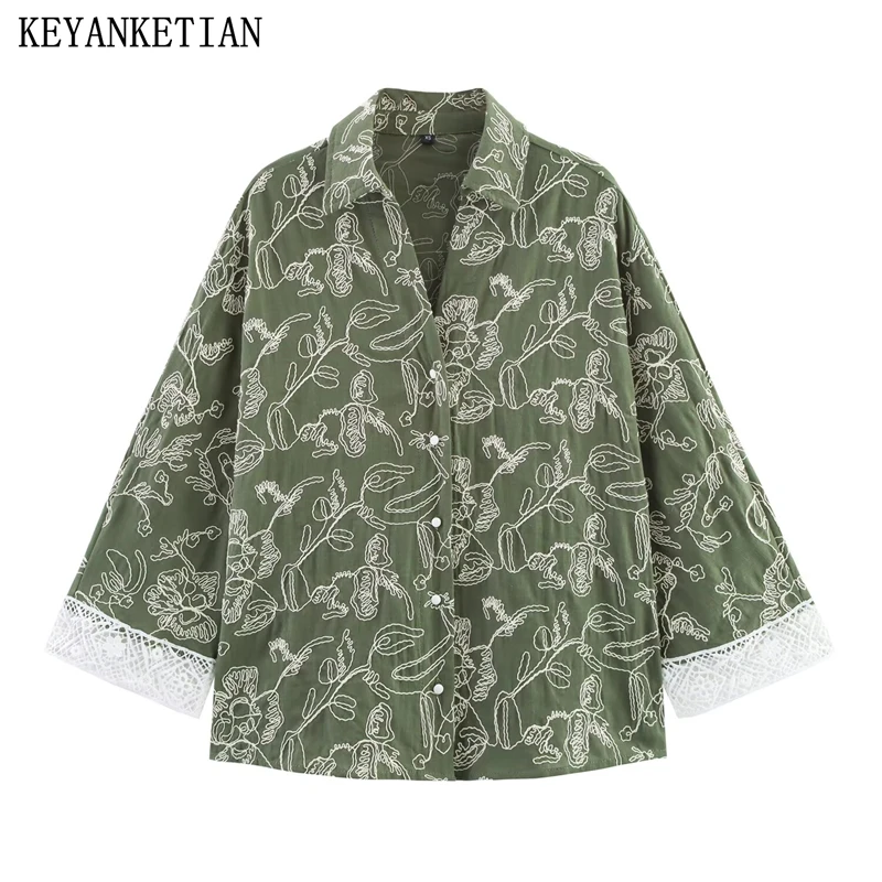 

KEYANKETIAN Summer New Women's Embroidered Decorative Shirt Holiday wind Cuff Lace Patchwork Single Breasted Blended Blouses Top