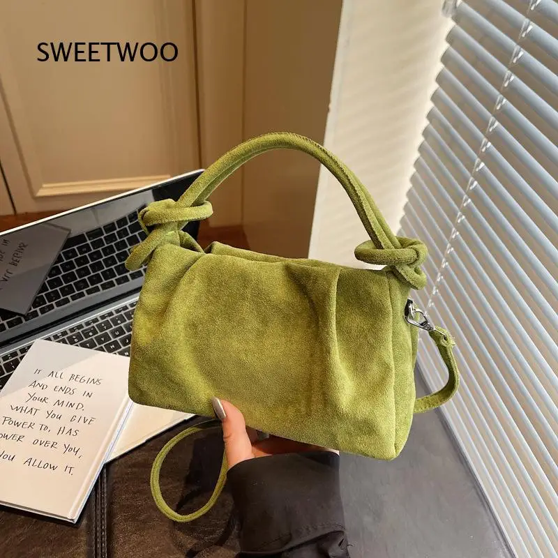 Olive Green Faux Suede Ruched Handbag Knotted Handle Decor Detachable Thin Crossbody Strap Retro Cloud Shoulder Purse