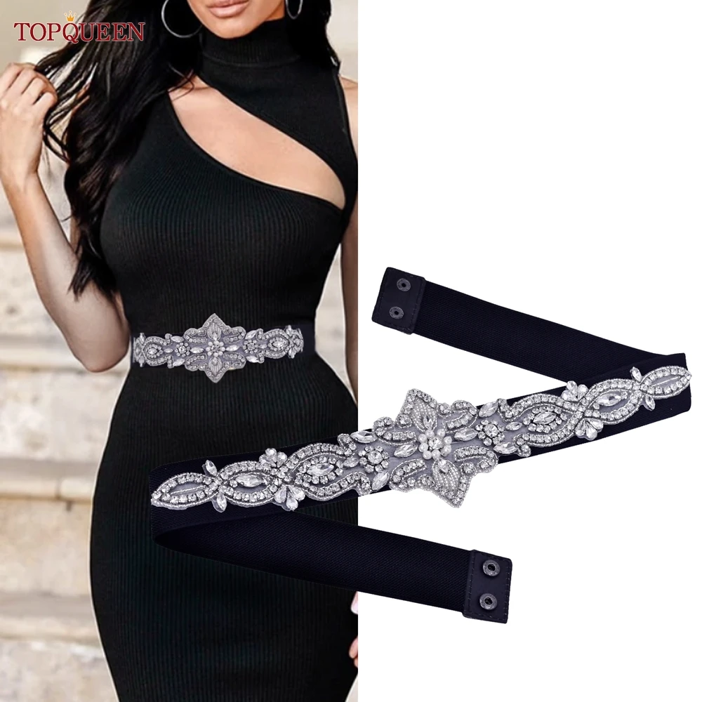 TOPQUEEN S245-B Female Elastic Belt Fashion Party Dress Gown Overcoat Clothing Accessories Women Black Wide Waistbands Sparkly