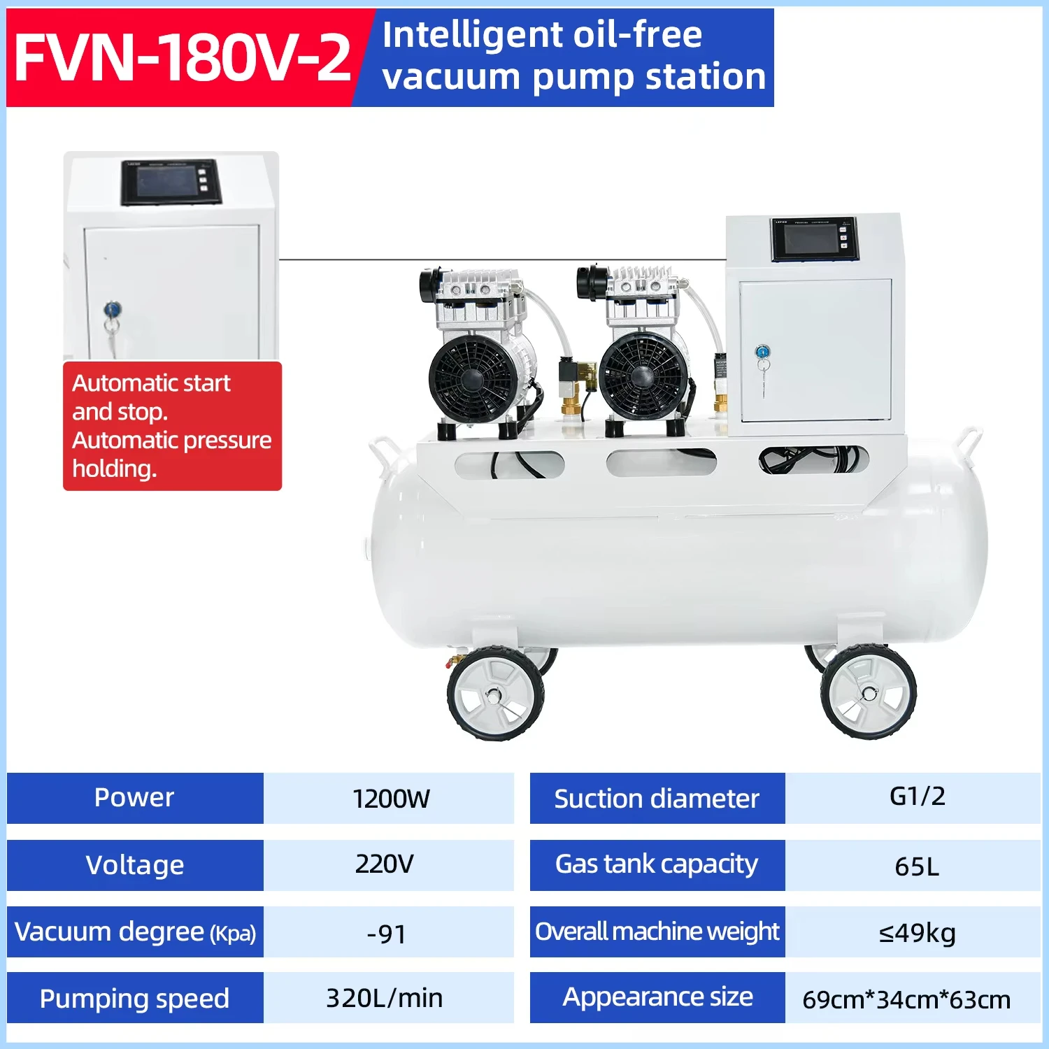 ชุดปั๊มสุญญากาศแบบไร้น้ำมัน 320 ลิตร/นาที -91 กิโลปาสคาล 220 โวลต์ 1200 วัตต์ ปั๊มลมอุตสาหกรรม ปั๊มลมอัด 2 หัว พร้อมถังเก็บลม 65 ลิตร