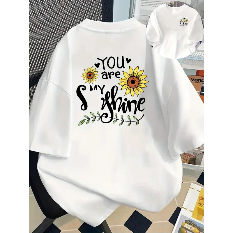 

Женская футболка «You Are My Sunshine» спереди и сзади с принтом подсолнечника и сердца, белый цветочный круглый вырез, повседневный женский топ Y2K