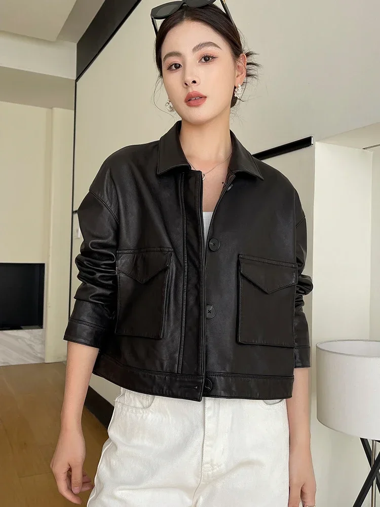 

Simple Black Genuine Leather Jacket for Women Spring Autumn 2024 New Trend Single-breasted Casual Cropped Natural Sheepskin Coat