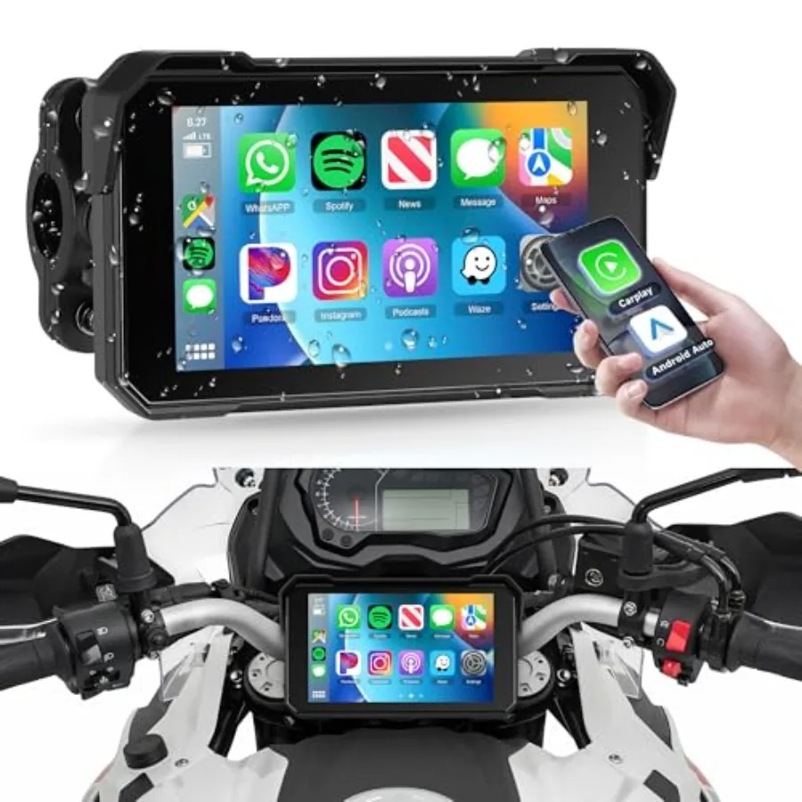

Motorcycle CarPlay Screen Portable Wirel Carplay Android Auto for Motorbike Waterproof Touchscreen, ports GPS Navigation, Bluet
