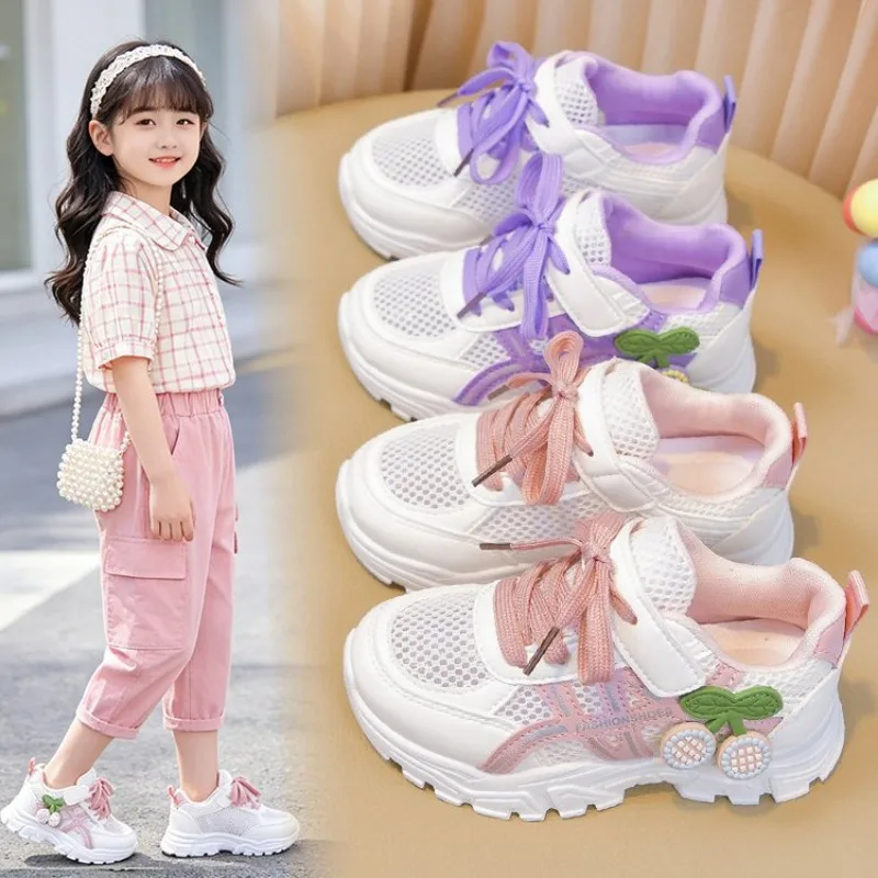 2026 Autumn Kids Fashion Cherry Decoration Shoes For Girl Soft Sports Shoes Children Running Sneakers Air Mesh Breathable 26-37