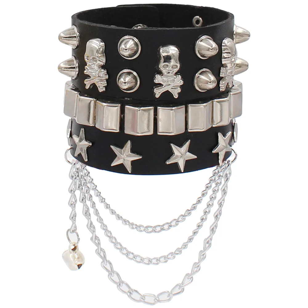 Braccialetto Punk in pelle nera bracciale teschio polsino goth bracciali gotici donna uomo bracciali in metallo cosplay può essere regolato gioielli