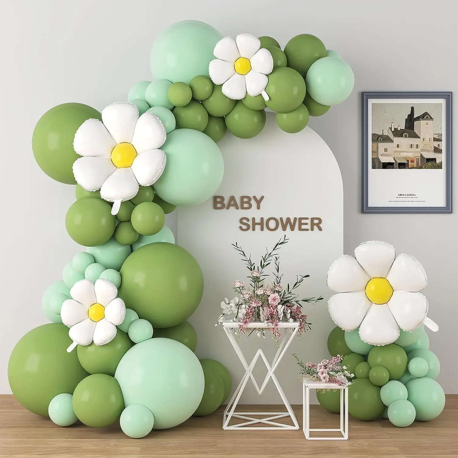 112 grüne, avocadofarbene weiße Gänseblümchen-Luftballons, Sonnenblumen, Frühlings-Outdoor-Camping, Geburtstagsfeiern, Partyballons-Dekoration