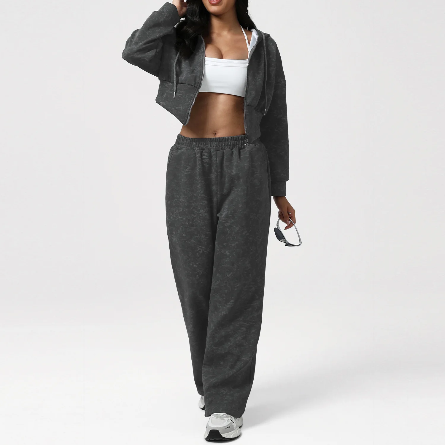 

Осенне-зимний комплект для тренировок, фитнеса, йоги, укороченная куртка с длинными рукавами и капюшоном, широкие брюки с высокой талией, спортивный костюм для бега на открытом воздухе