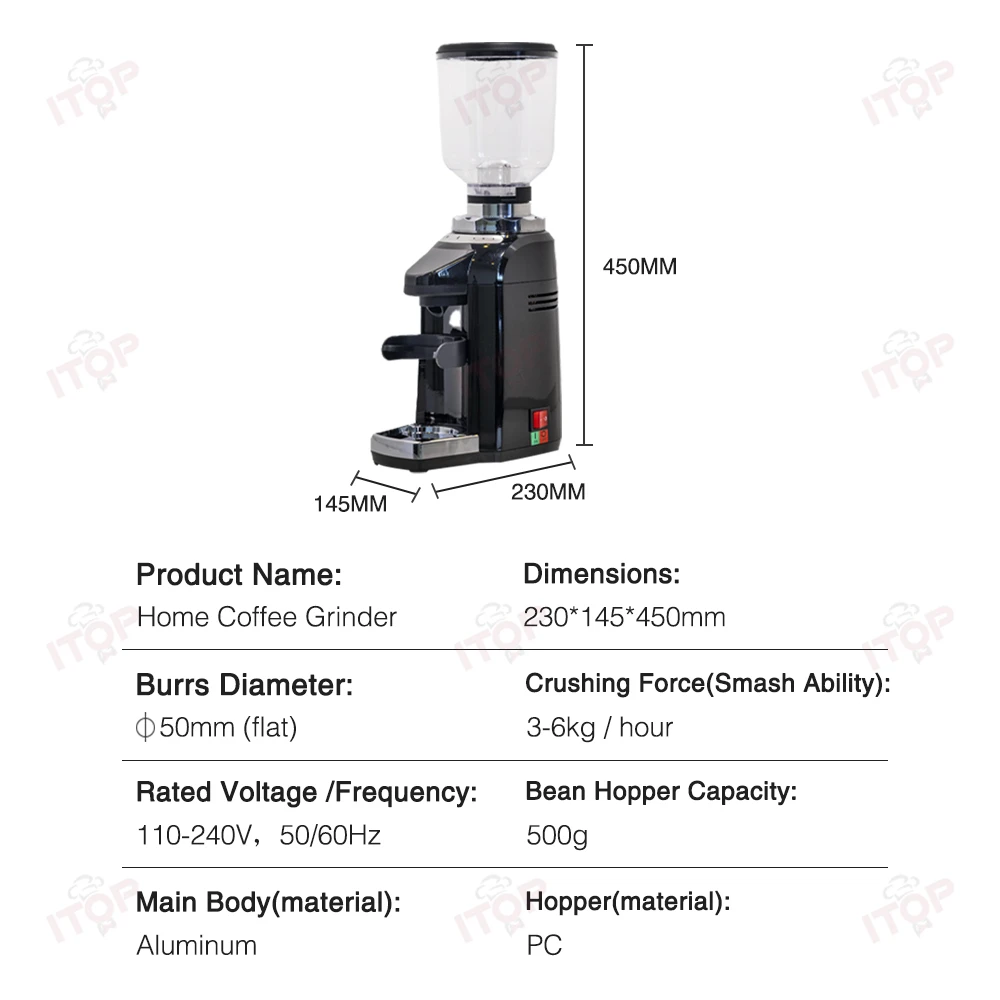 ITOP CG-800AC Кофемолка с плоскими заусенцами, 50 мм, 500 г, бункер для зерен, металлический корпус, 180 Вт, 1400 об/мин, способность шлифования, 3-6 кг/час