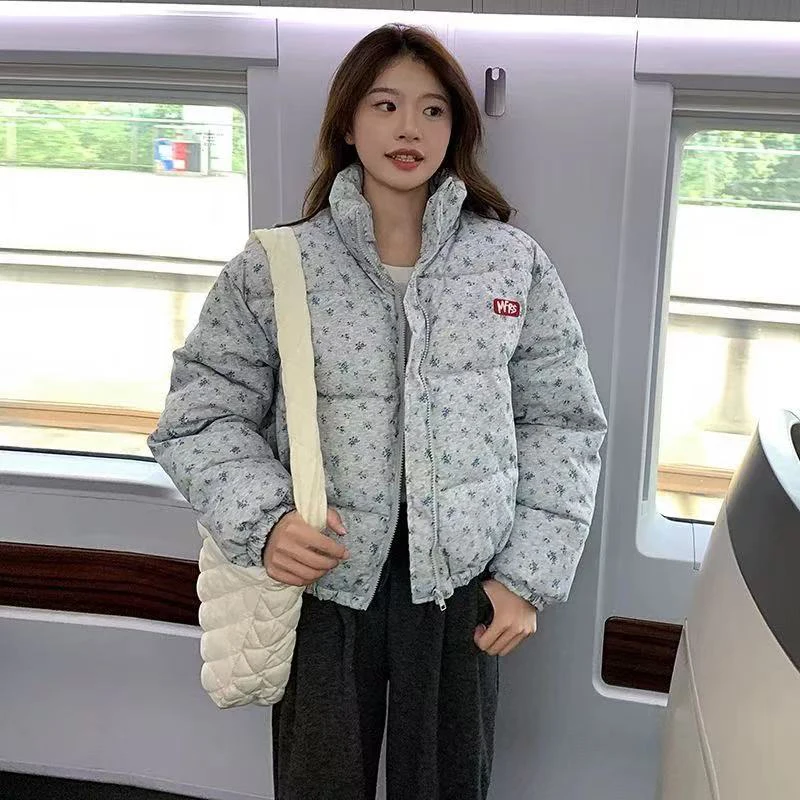 Sweet Florals Parkas Coats Women Y2K Winter Warm Loose Standing Collar Crop Down Jacket Korean All Match Zipper Outerwear New