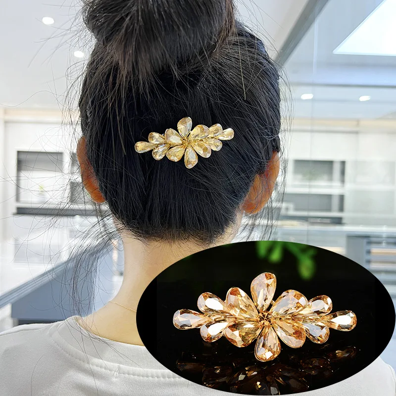 Gold Flower Medium Hair Clip Metal Imitation Crystal Back Head Hair Grab Spring Clip Light Luxury Hair Accessories