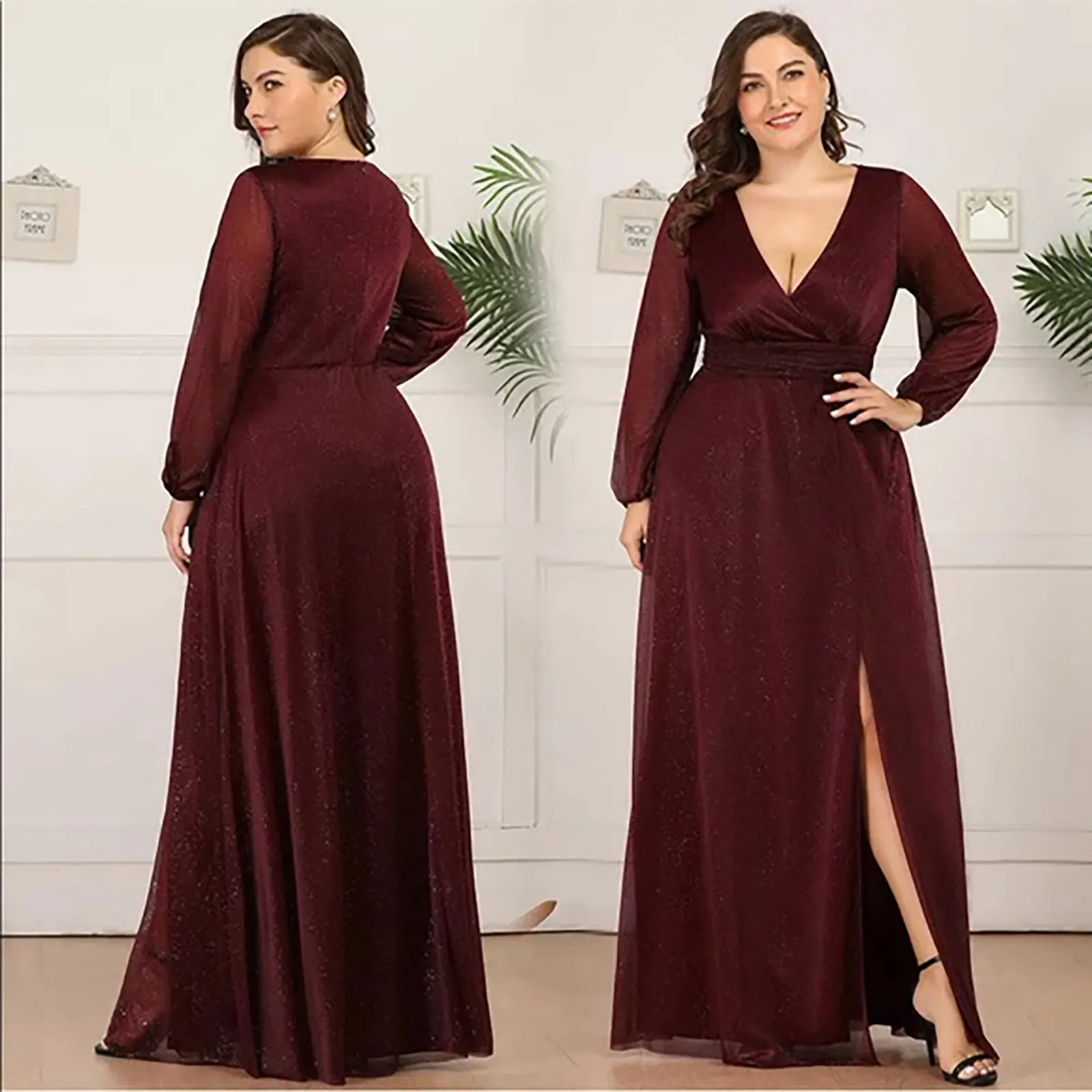 2024 New Sexy V-Neck Long Sleeve Slit Dresses Fashion Plus Size Women Elegant Mesh Splicing Solid Color Evening Party Dresses