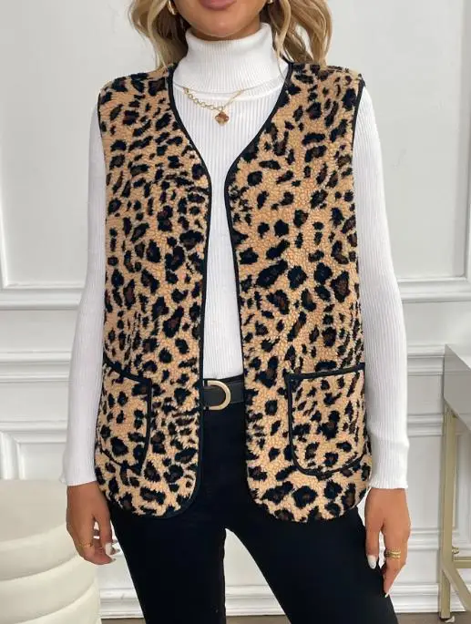 

Женский вязаный жилет-кардиган без рукавов с леопардовым принтом, плюшевый, осенний, теплый, повседневный, модный