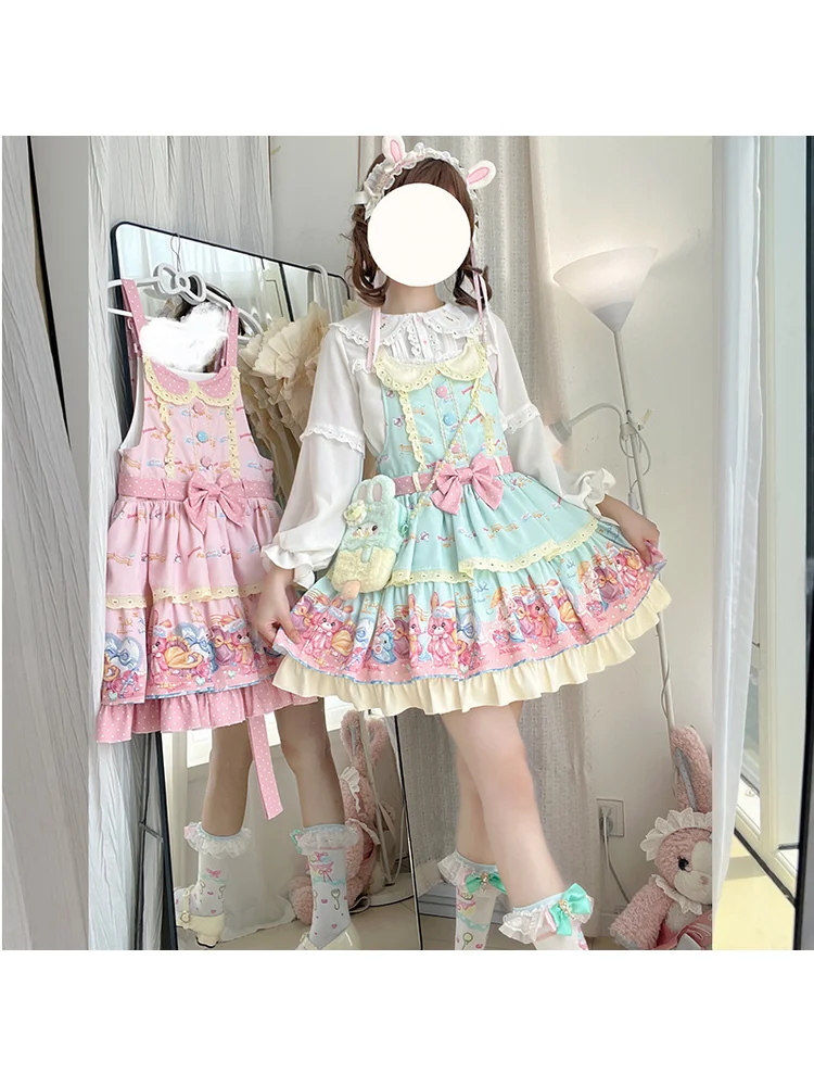 

Оригинальное милое и милое платье Лолиты на бретелях спящего кролика для девочек, японское платье Лолиты Kawaii для чаепития