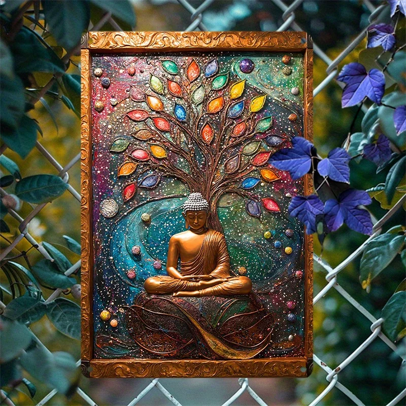 

Vintage Buddha Meditating Metal Wall Art - Aluminum Sign with Colorful Tree and Leaves Design, Spiritual Decor for Home, Garden