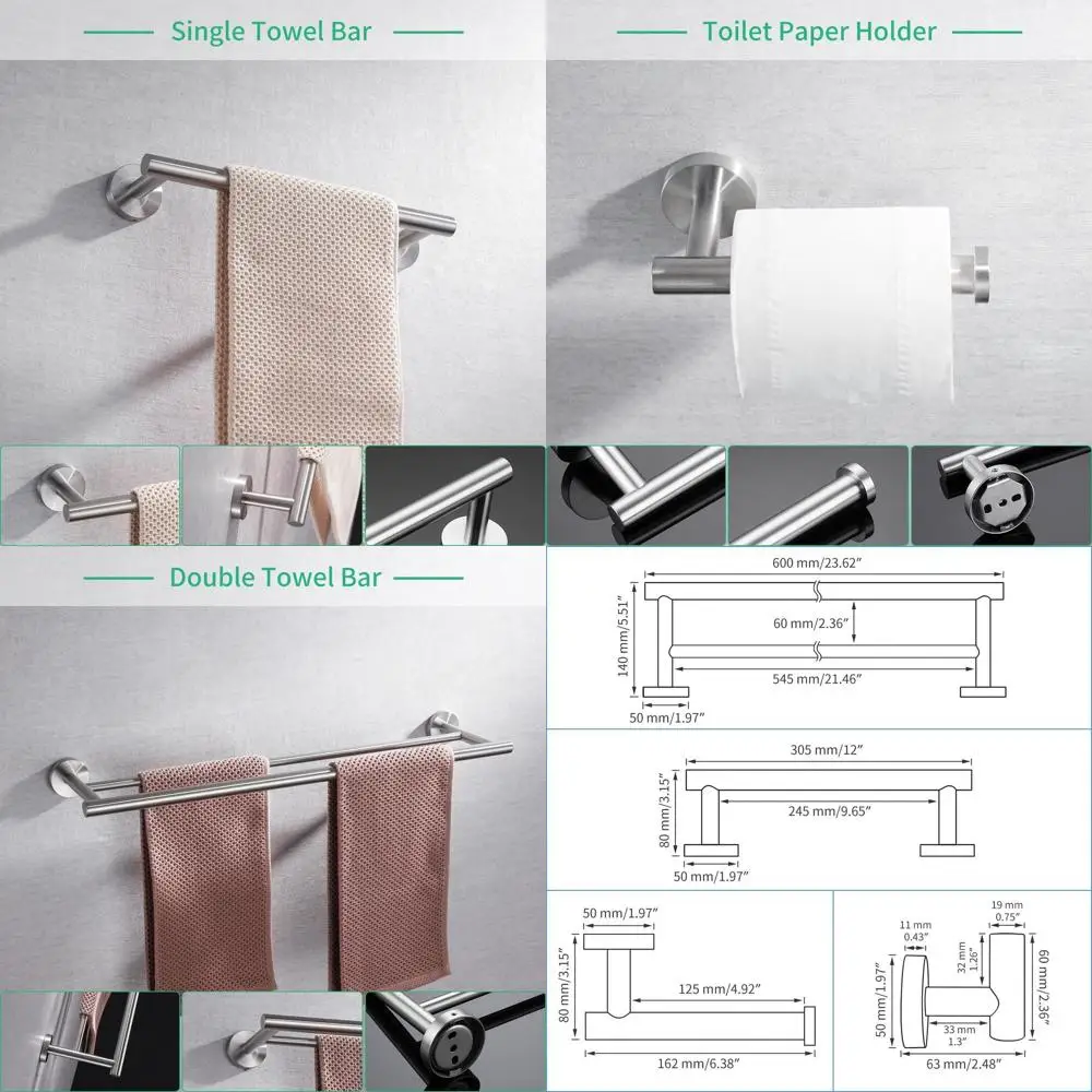 

4-Piece Brushed Stainless Steel Bathroom Hardware Set: Wall Mount Towel Bar, Rack, Paper Holder, Robe Hook