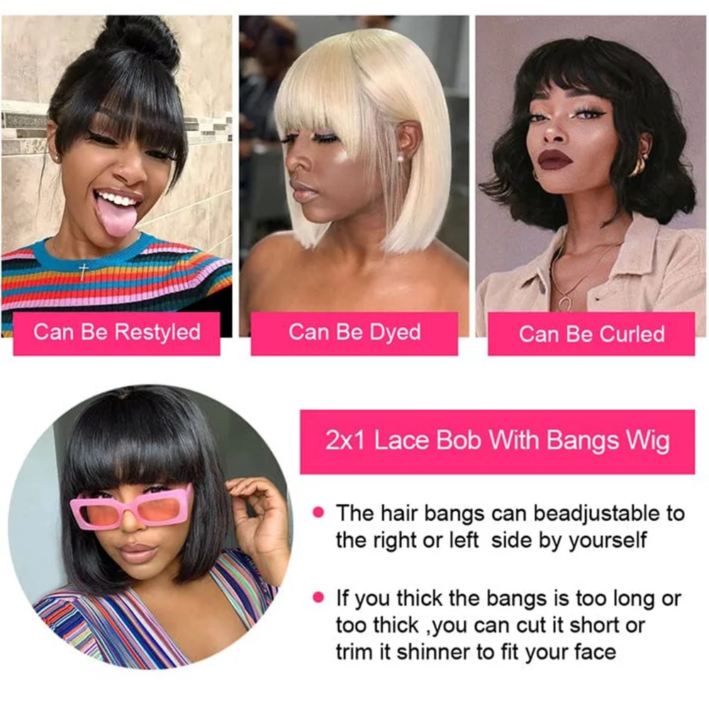 Bob Wig With Bangs Human Hair 180% Density Glueless Short Bob Wigs For Women Upgraded Machine Made Middle Part 2x1 Lace Wig