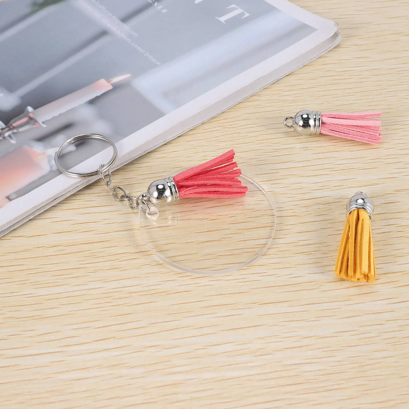ABKL-64 Pcs Acrylic Transparent Discs Blank Keychains Circle Key Chains And Tassel Pendant Keyring For DIY Project And Crafts