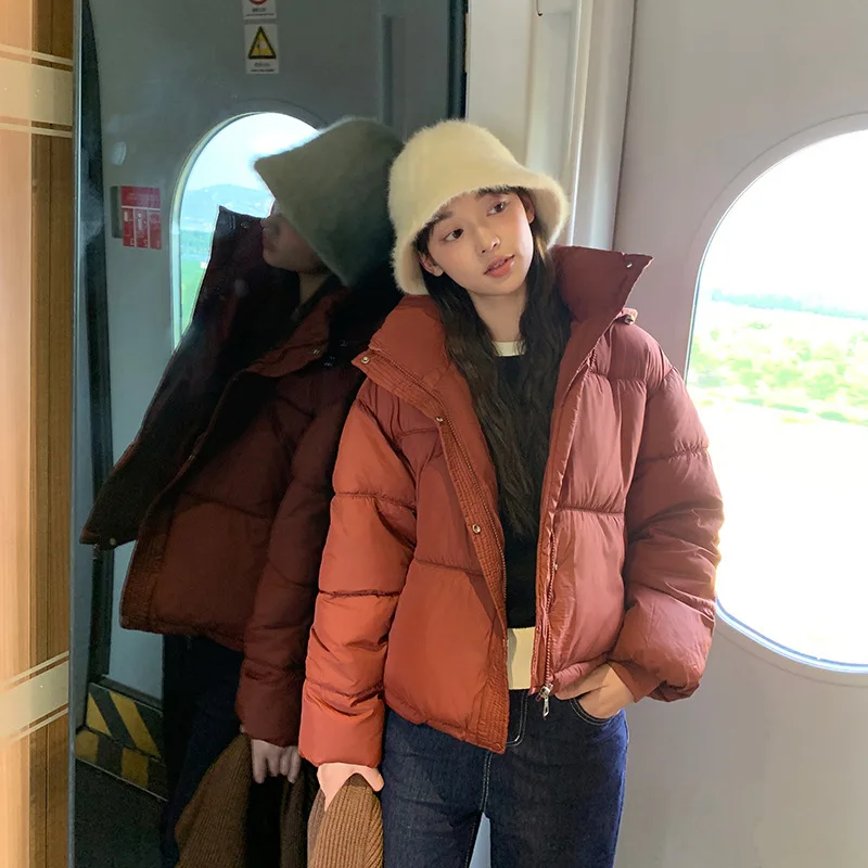 Autumn Winter Women Puffer Jacket Solid Zipper Hooded Stand Collar Loose Windproof Pockets Short Warm Cotton Padded Jackets New
