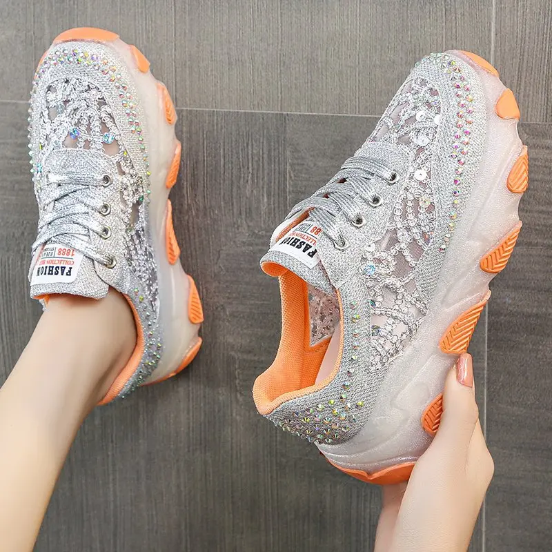 

2025 New Summer and Autumn Women's Shoes: Breathable Mesh, Rhinestone, Thick-soled, Fashionable Dad Shoes,Instagram Trendy Shoes