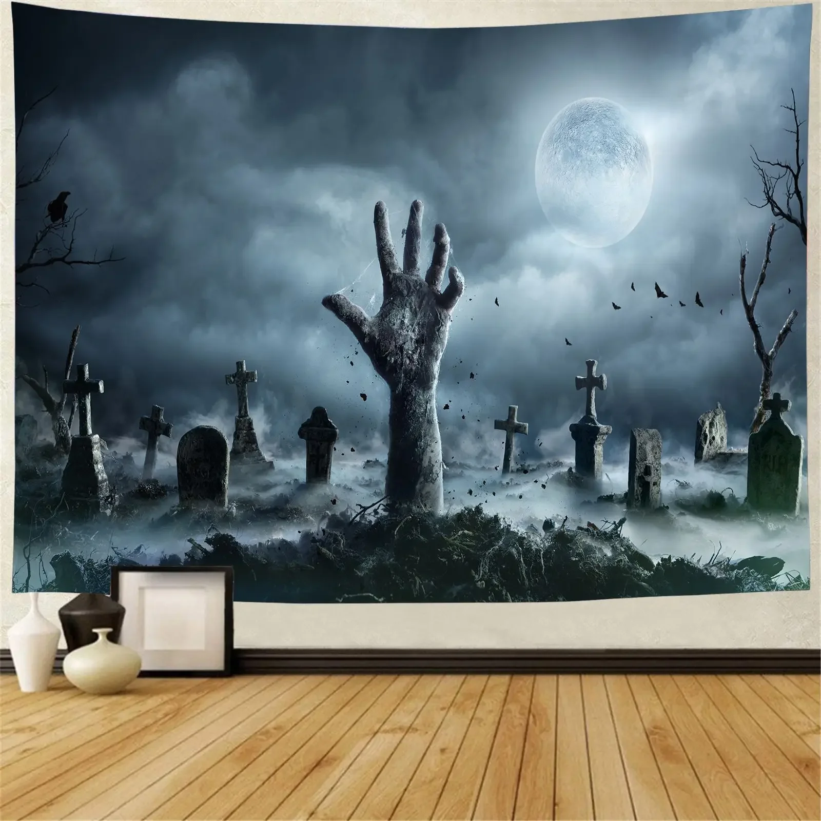 Halloween Wandteppich Friedhof Wandbehang Gruselige Vollmond Nacht Zombie Hände Hintergrund Tuch für Halloween Thema Party Dekor