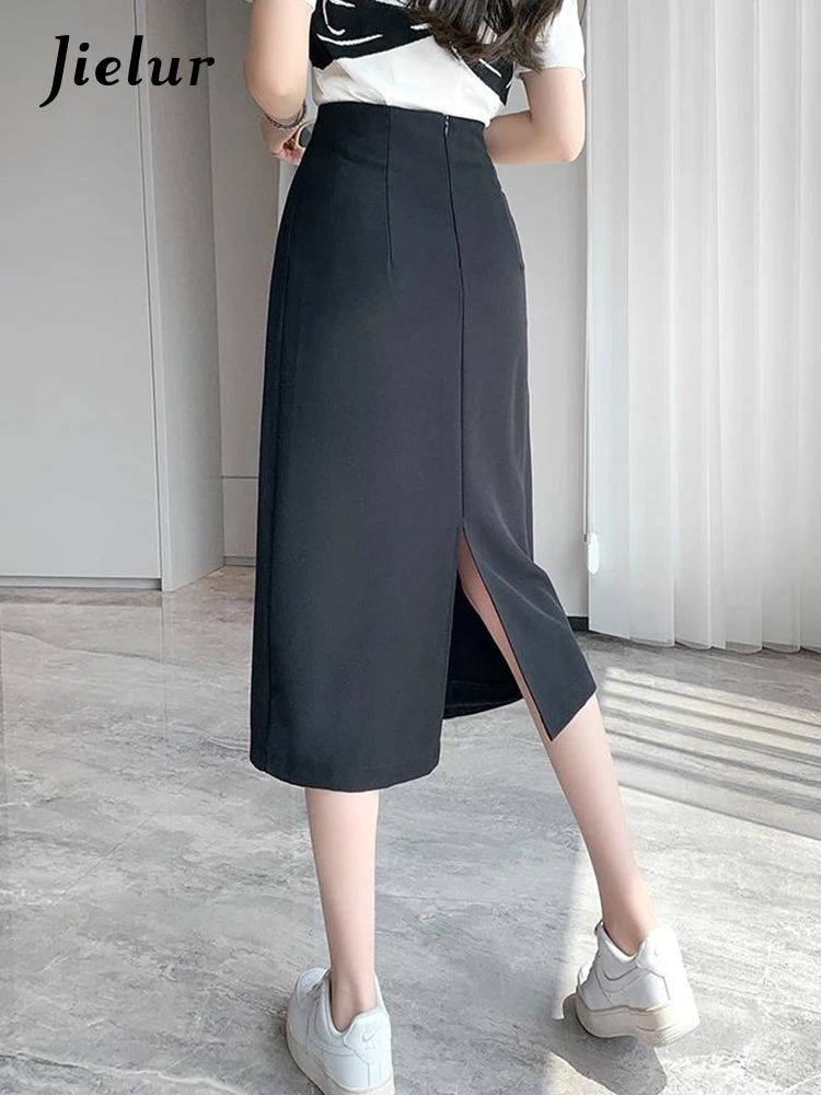 

Jielur Spring Summer New One-Piece Mid Length High Waist Slim Suit A-Line Skirts Tight Hip Back Split Solid Color Women's Skirt