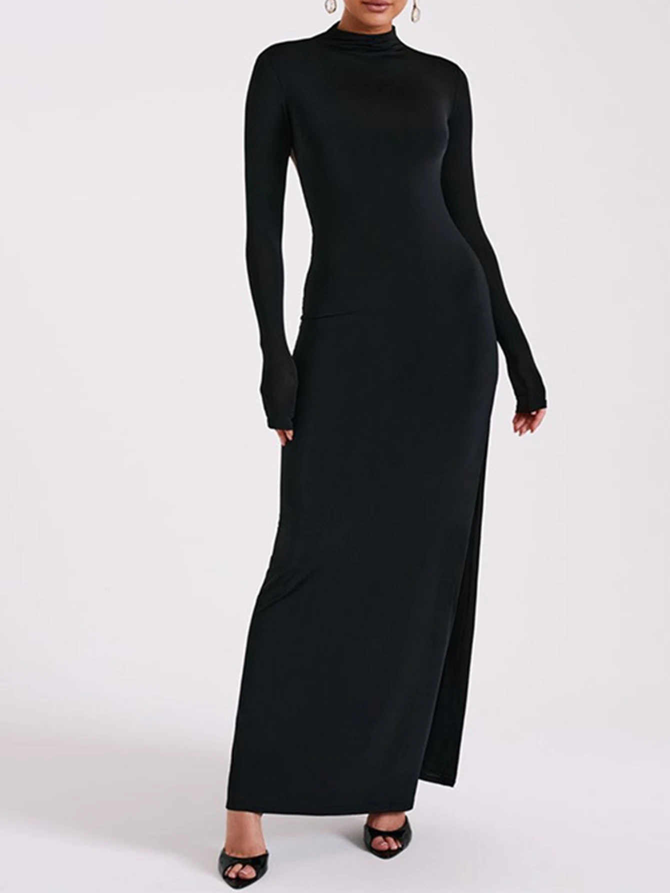 فستان ماكسي نسائي بسيط بأكمام طويلة للخريف، فستان عادي بفتحة جانبية بدون ظهر، رقبة وهمية، زخرفة الخس للمواعدة