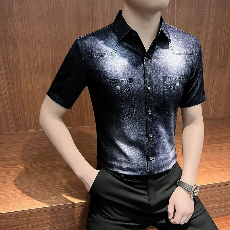 

Slim Fit Short Sleeve Men's Shirt Denim Print Thin Summer Fashionable High-End Feeling Casual T-Shirt Youth Regular Length