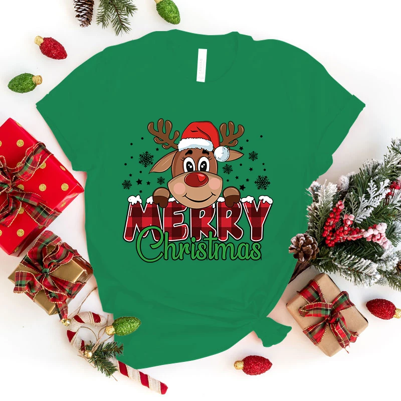 (Premium T-shirt)Cute Merry Christmas Print T-Shirts For Women Summer Lovely Short Sleeve Casual Round Neck T-Shirts Ladies tops