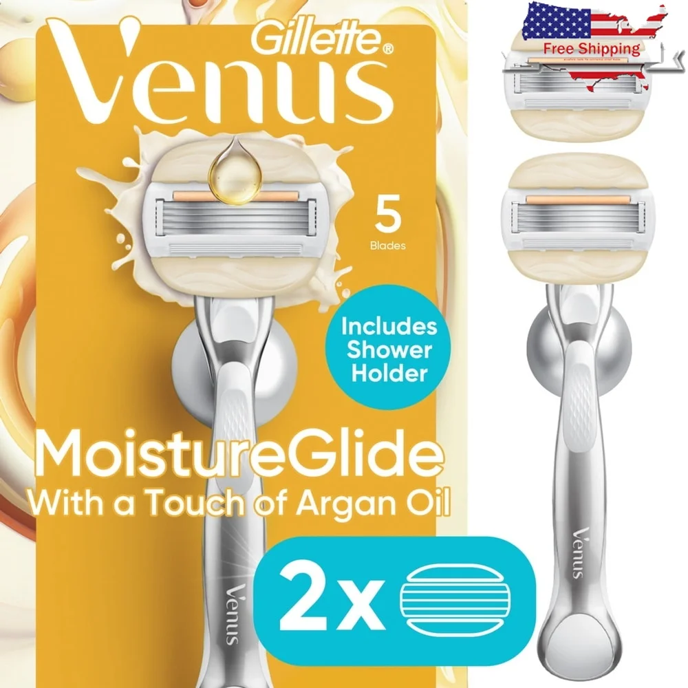 Moistureglide Women's Razor with 5 Blades Ergonomic Handle Shower Holder 2 Blade Refills Dry Skin Protection Shaving Tool