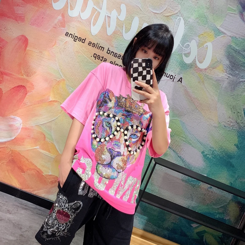 Luxury Beaded Glasses Color Rhinestone Panther Summer Women Short Sleeve T-shirt Tie Dyed Pink Loose O-neck Pullover Cotton Tops