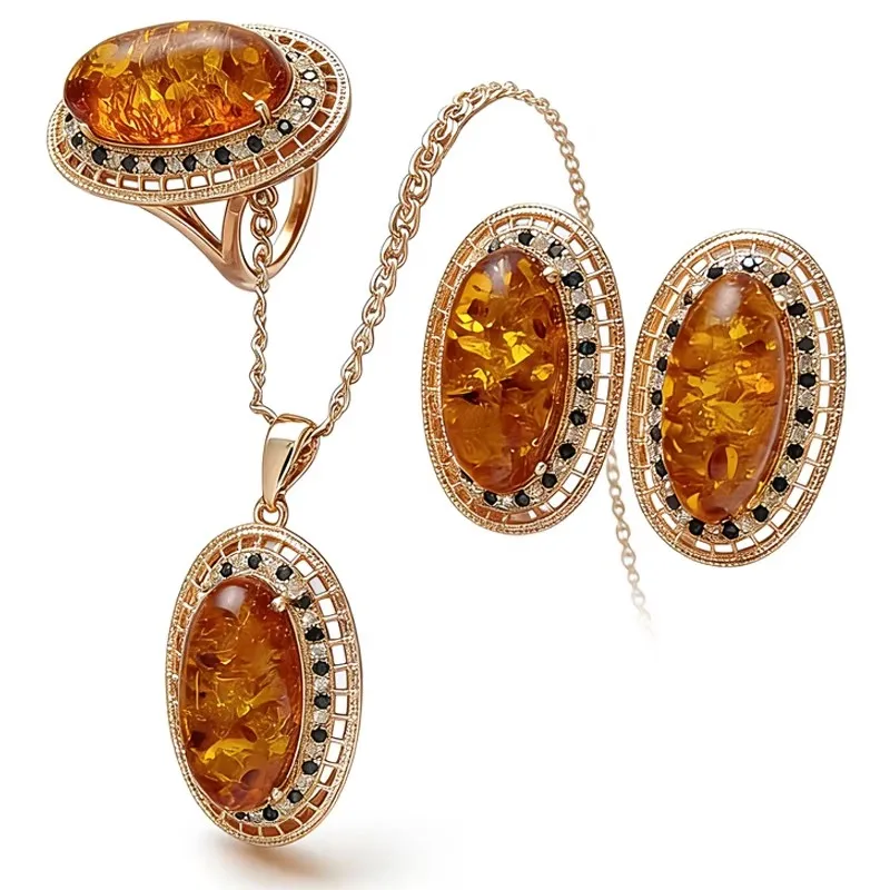 Kinel Hot Oval Bernstein Ring Ohrringe Halskette für Frauen Mode 585 Rose Gold Farbe Natürlichen Zirkon Zubehör Vintage-Schmuck-Set